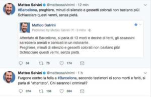 Matteo Salvini conferma il poco tatto durante gli attentati, non risparmia tweet anche su Barcellona