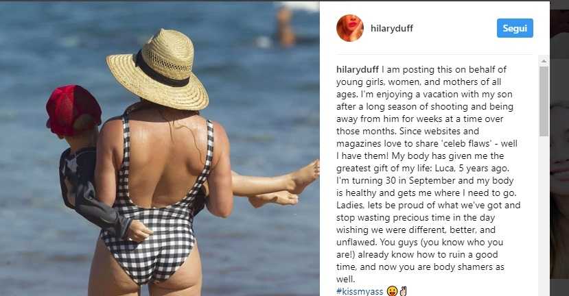 Hilary Duff su Instagram mostra la sua cellulite e dice a ogni donna di esser orgogliosa di se stessa