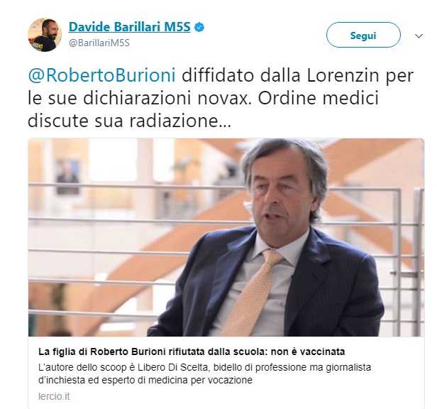 Davide Barillari annuncia la possibile radiazione di Burioni con un articolo di Lercio