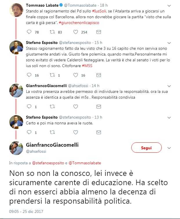 I tweet del senatore Stefano Esposito per giustificare la sua assenza sullo Ius Soli
