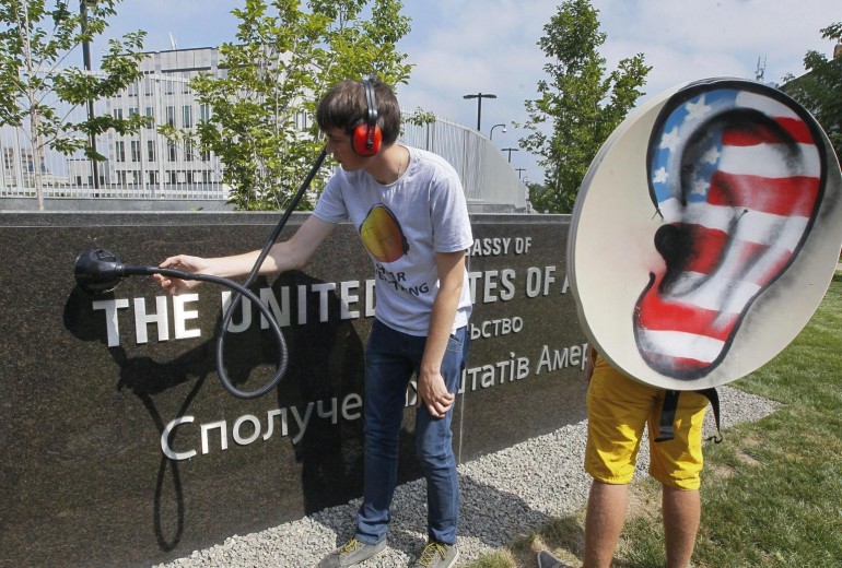 Ukrainian Internet Party activists rally for support of the US fugitive Edward Snowden in Kiev