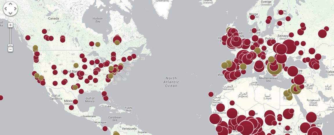 La cartina che mostra la diffusione negli ultimi cinque anni delle epidemie di morbillo (in rosso) e della parotite (in verde) (Photocredit cfr.org)