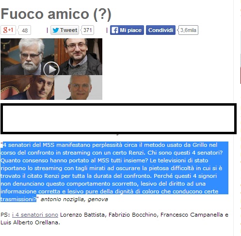 "Fuoco amico", il post con cui furono additati (e poi espulsi con votazione) i 4 senatori che criticarono il confronto tra Grillo e Renzi in streaming