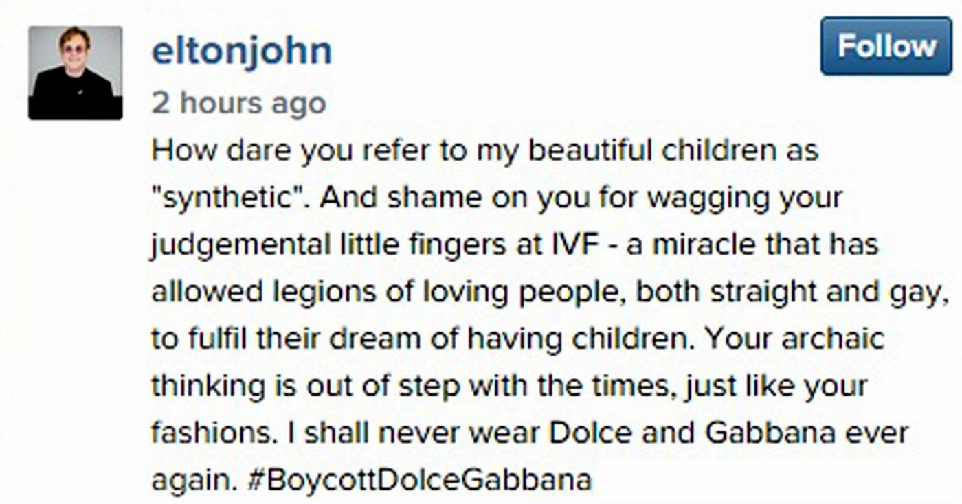 Il catfight tra Dolce e Gabbana ed Elton John sui figli «sintetici»