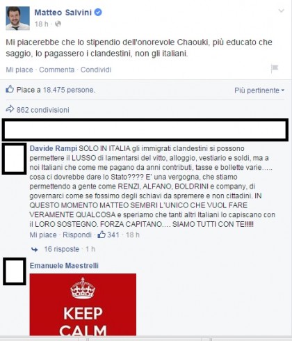 Il post Fb di Salvini