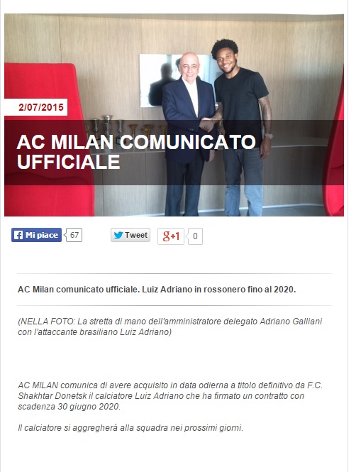 Calciomercato Milan Luiz Adriano