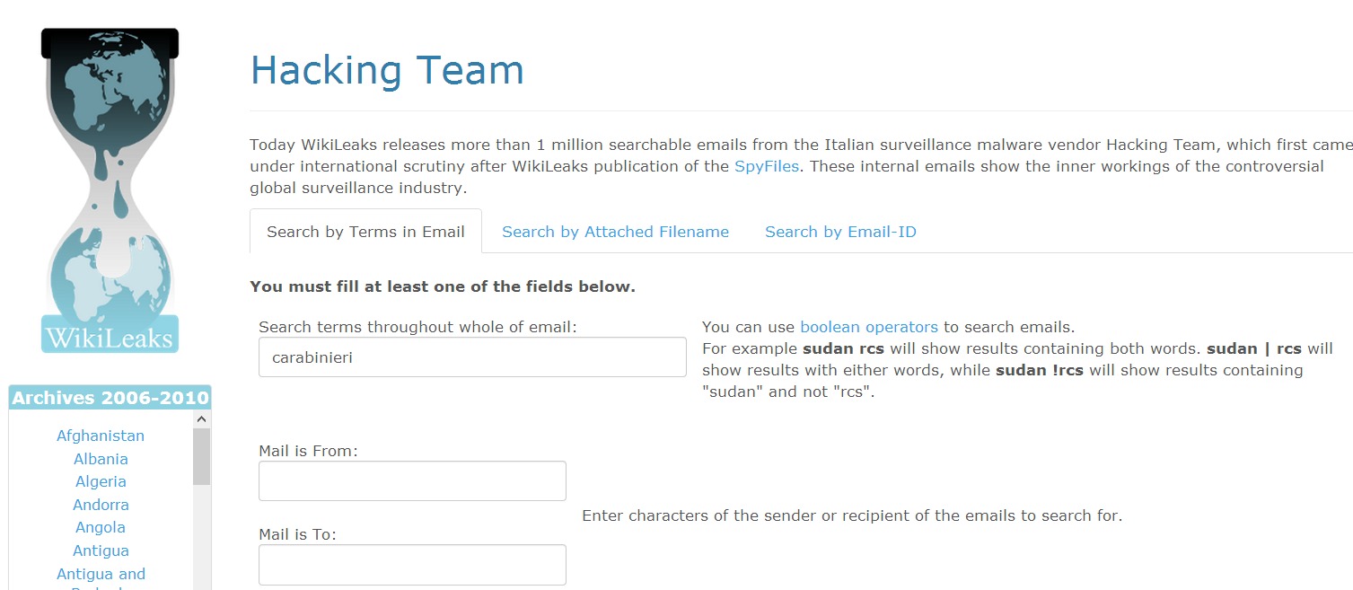 La pagina di Wikilieaks dalla quale s'accede alle mail di Hacking Team