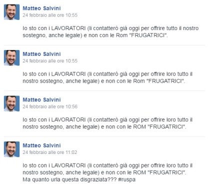 (Immagine: modifiche sul profilo Facebook di Salvini alla didascalia che accompagna il video delle rom rinchiuse a Follonica)